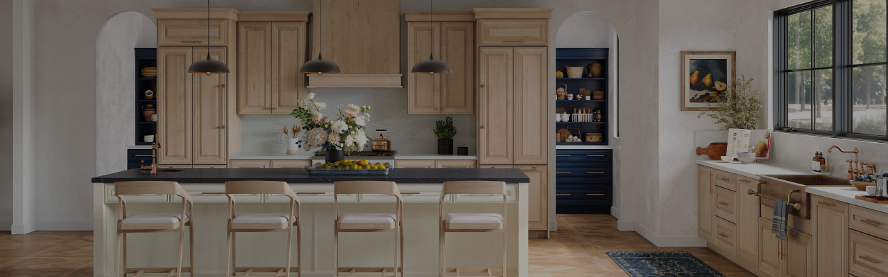 Kitchen with appliance garages and custom pantry