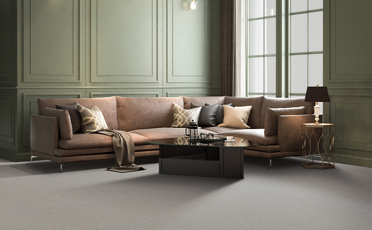 retro inspired living room with grey flooring