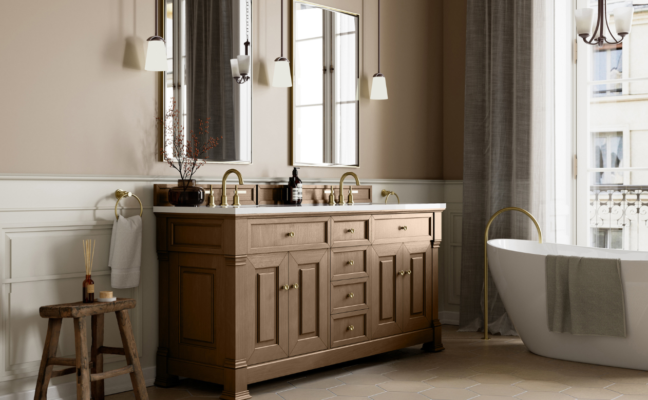 James Martin bathrooom vanity with two sinks, mirrors, and stylish blue cabinetry
