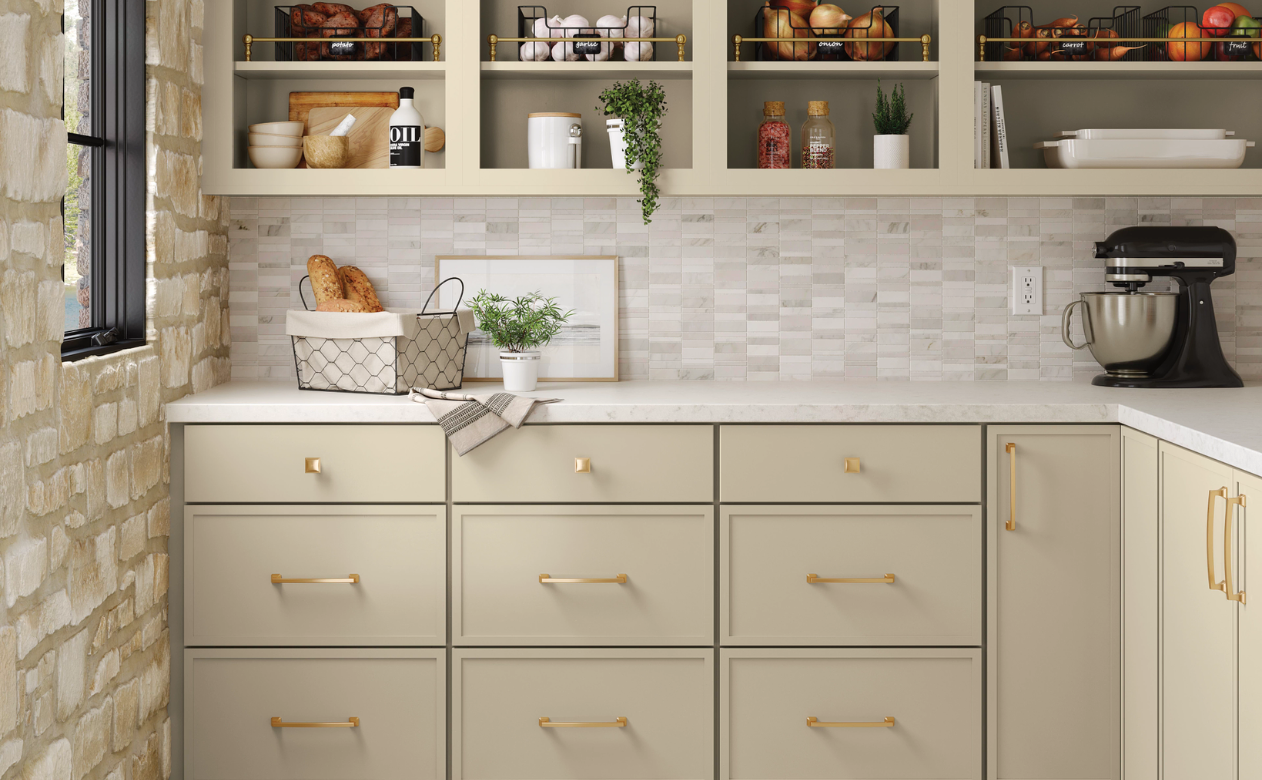 Brightly lit custom pantry with built-in cabinetry,  display shelving, and organized storage for food