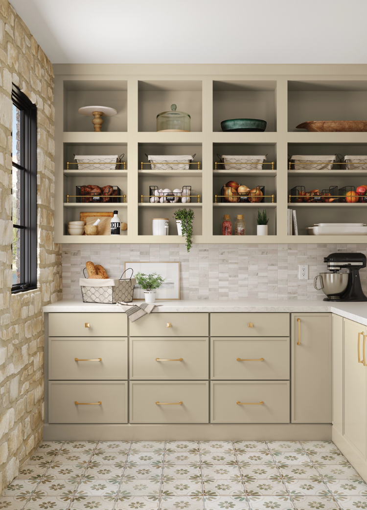 Brightly lit custom pantry with built-in cabinetry,  display shelving, and organized storage for food