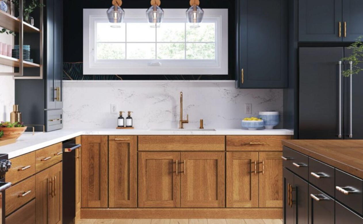 navy blue and brown cabinets in a kitchen
