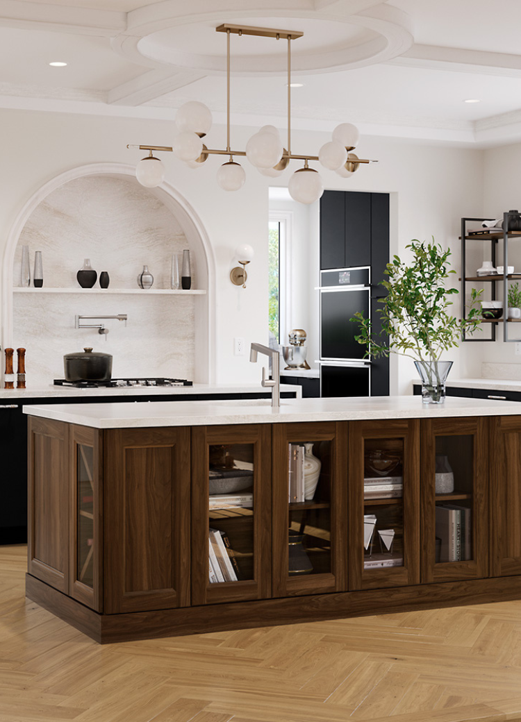Custom wood cabinetry in a kitchen island with white countertops