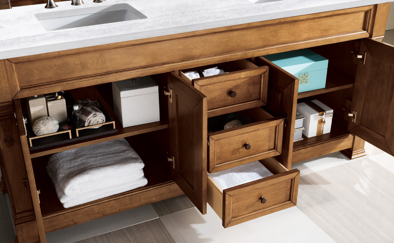 Bathroom vanity pullout drawers and shelf organization