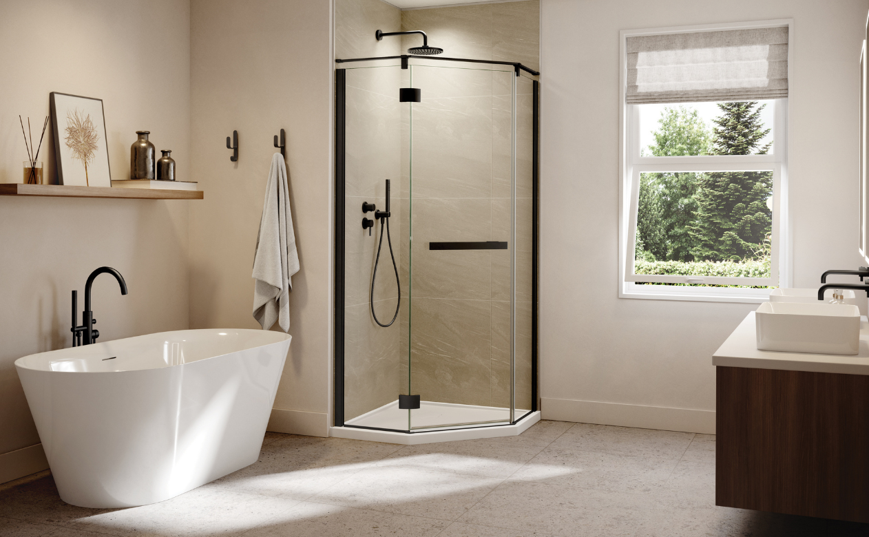 Black bath fixtures in a bathroom with freestanding tub and walk-in shower