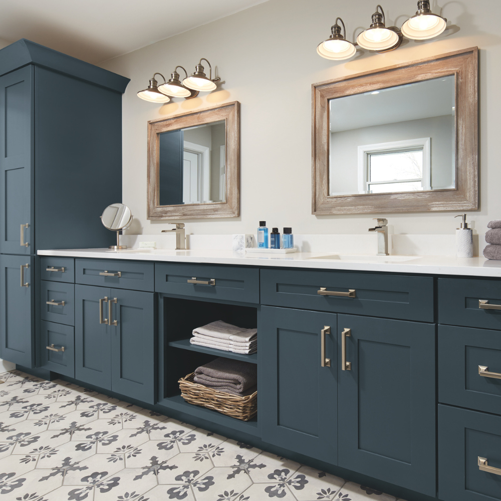 Blue custom cabinetry in a bathroom