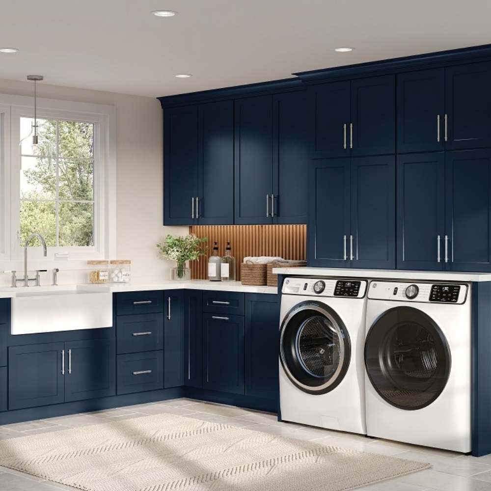 Laundry Room with custom blue cabinetry