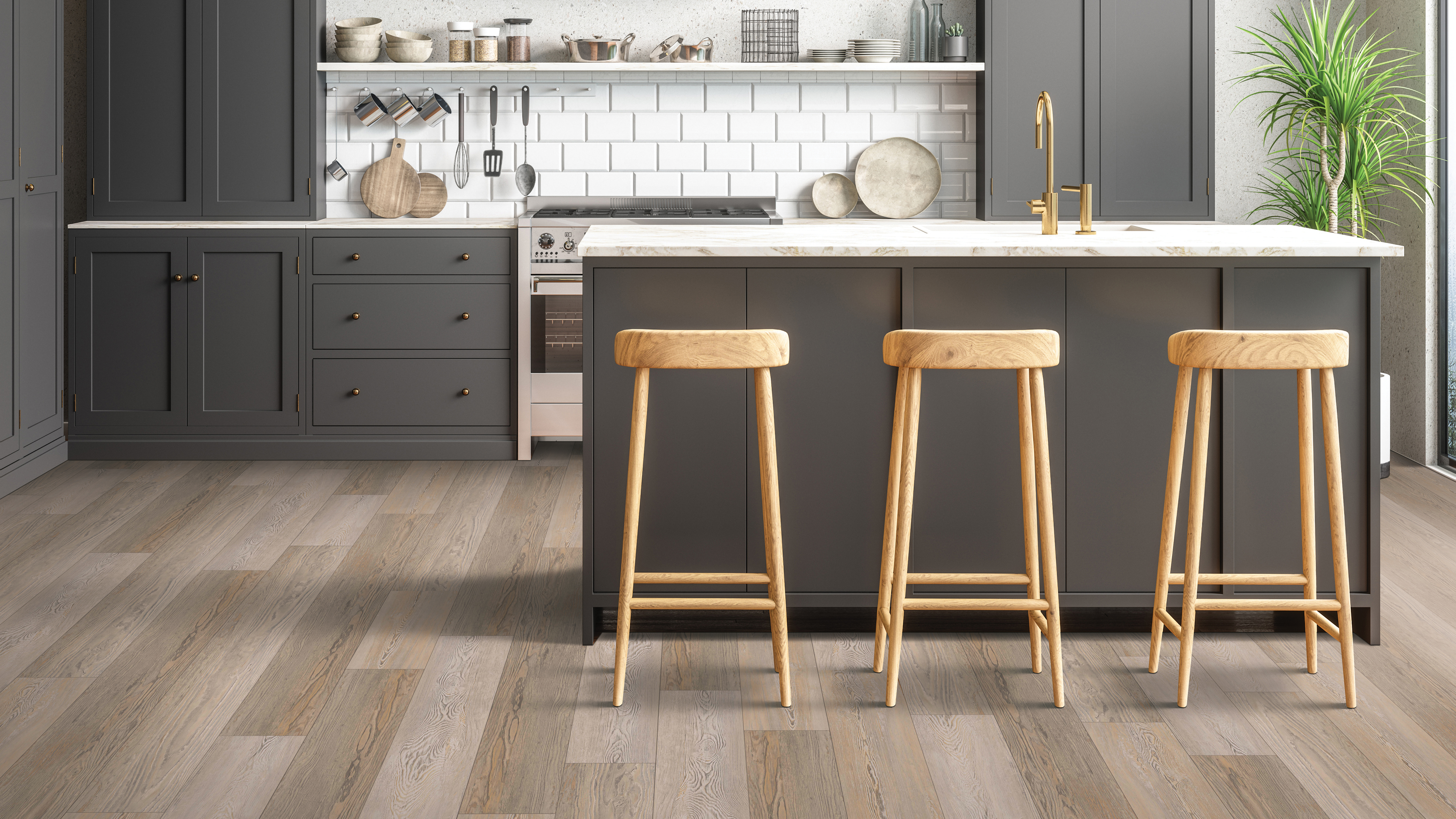 Wood look luxury vinyl plank flooring in a kitchen