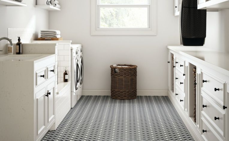 Tile flooring in a laundry room.