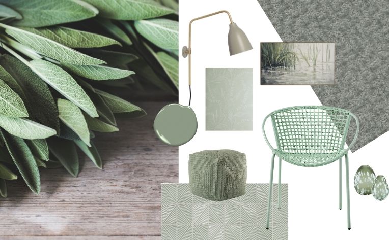 collage of sage green home products