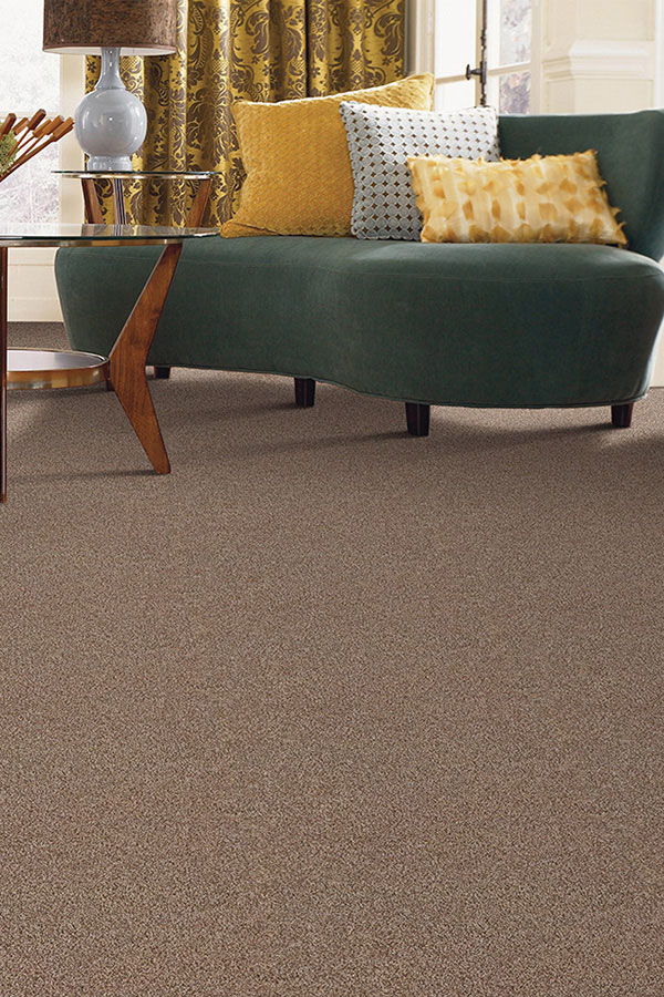 Beige carpet with a green couch 