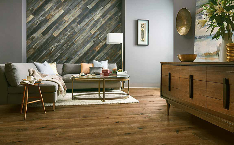 Modern living room with a distressed wood feature wall