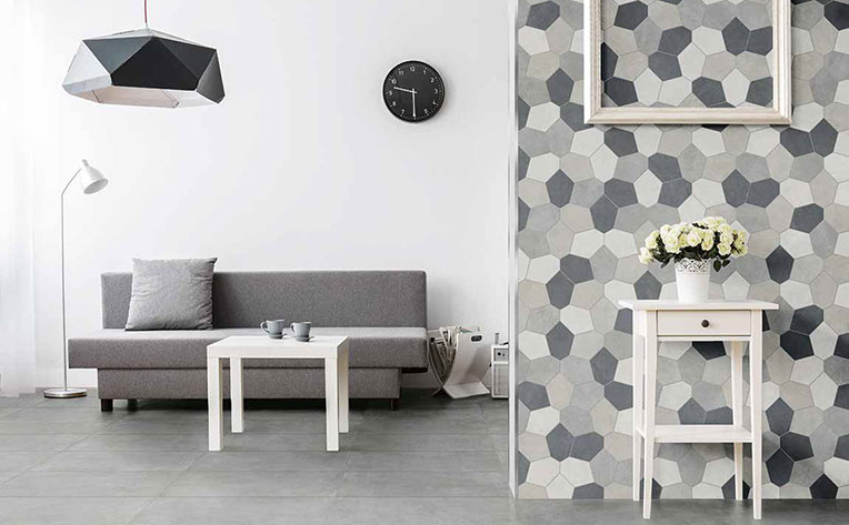 Modern room design with trendy tile looking wallpaper in gray tones