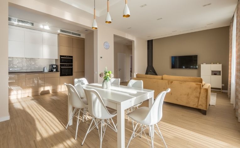 minimalist wood kitchen dining living room