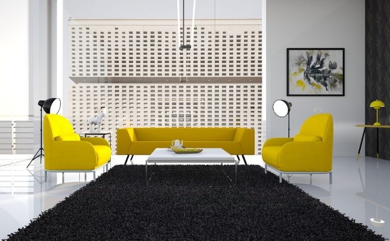 black area rug yellow furniture