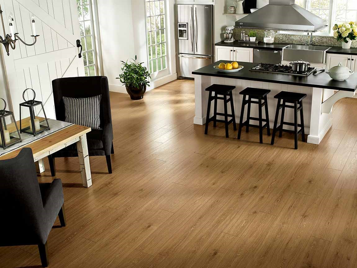 light brown colored laminate floor in modern kitchen