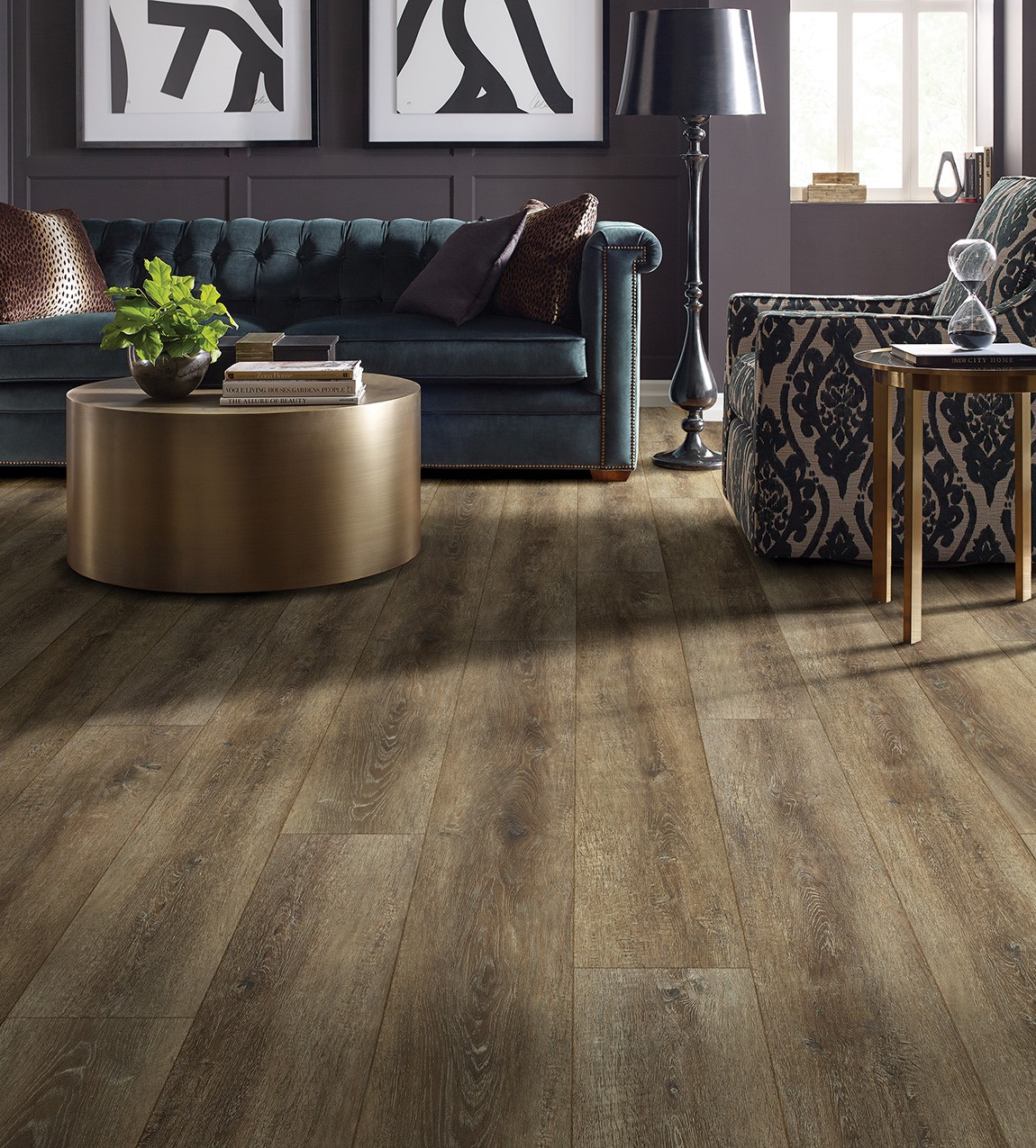 vinyl wood look flooring in classically styled living room