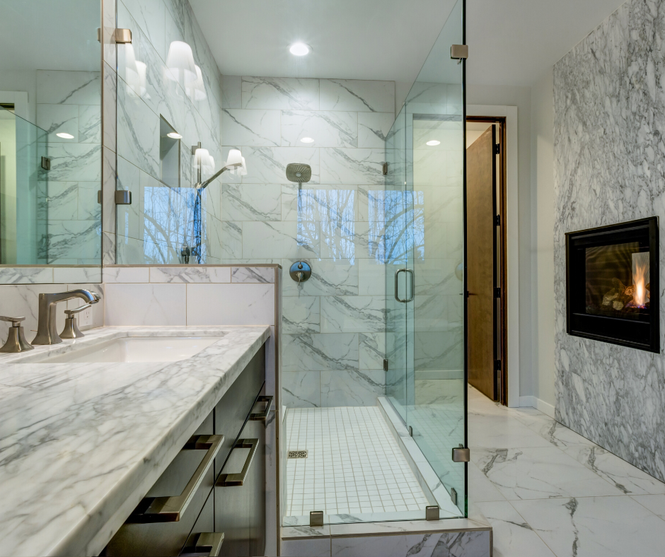 white marble bathroom with marble look vinyl tile