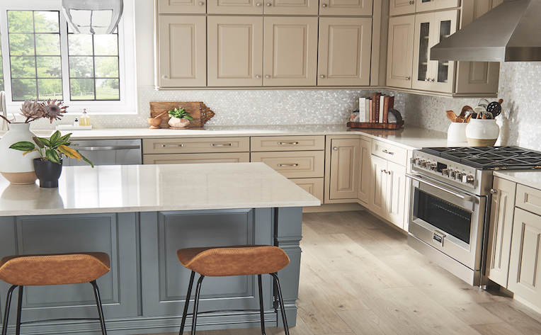 wood-look laminate in kitchen with blue island 