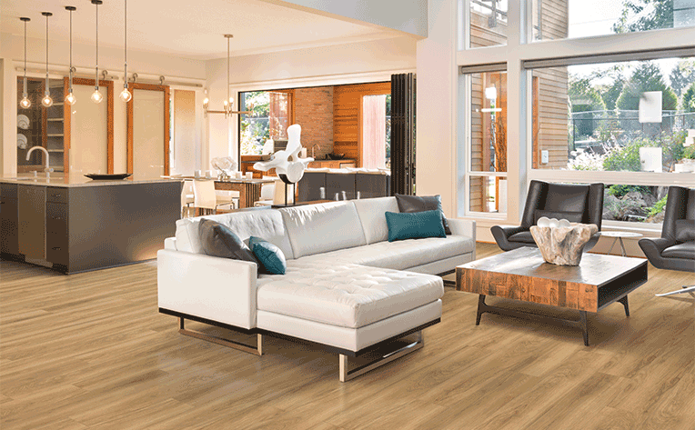 luxury vinyl flooring in retro, midcentury modern 70s inspired living room