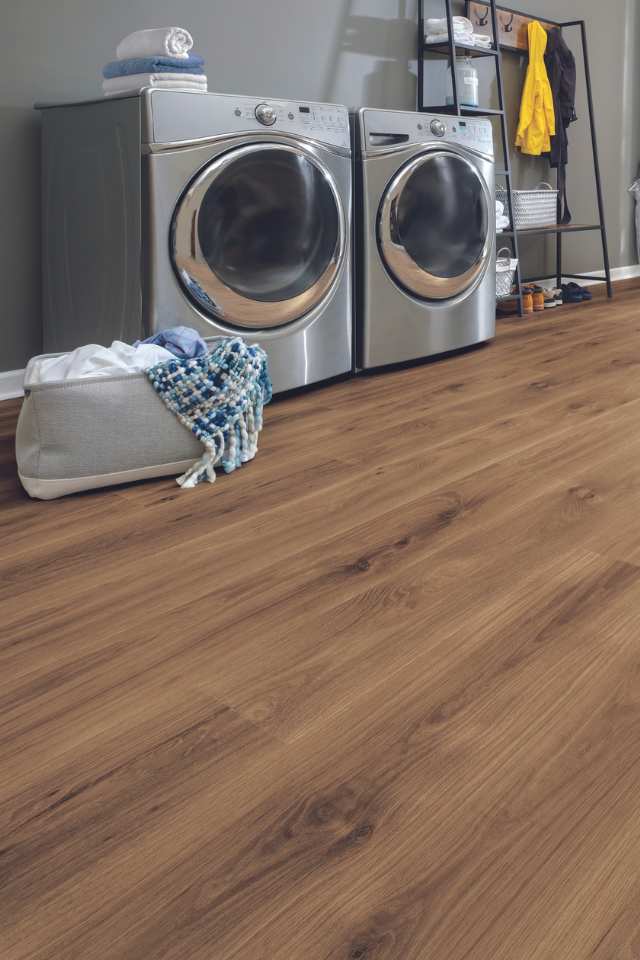 dark wood look laminate in laundry room